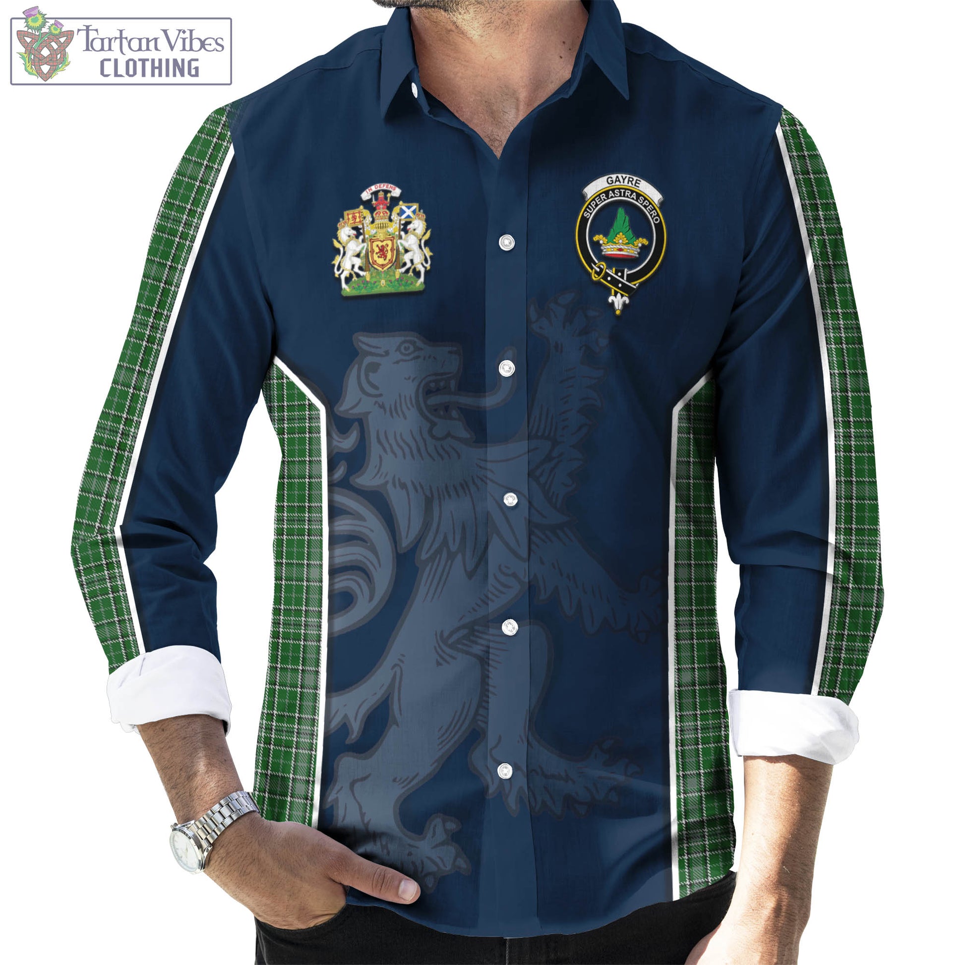 Tartan Vibes Clothing Gayre Dress Tartan Long Sleeve Button Up Shirt with Family Crest and Lion Rampant Vibes Sport Style