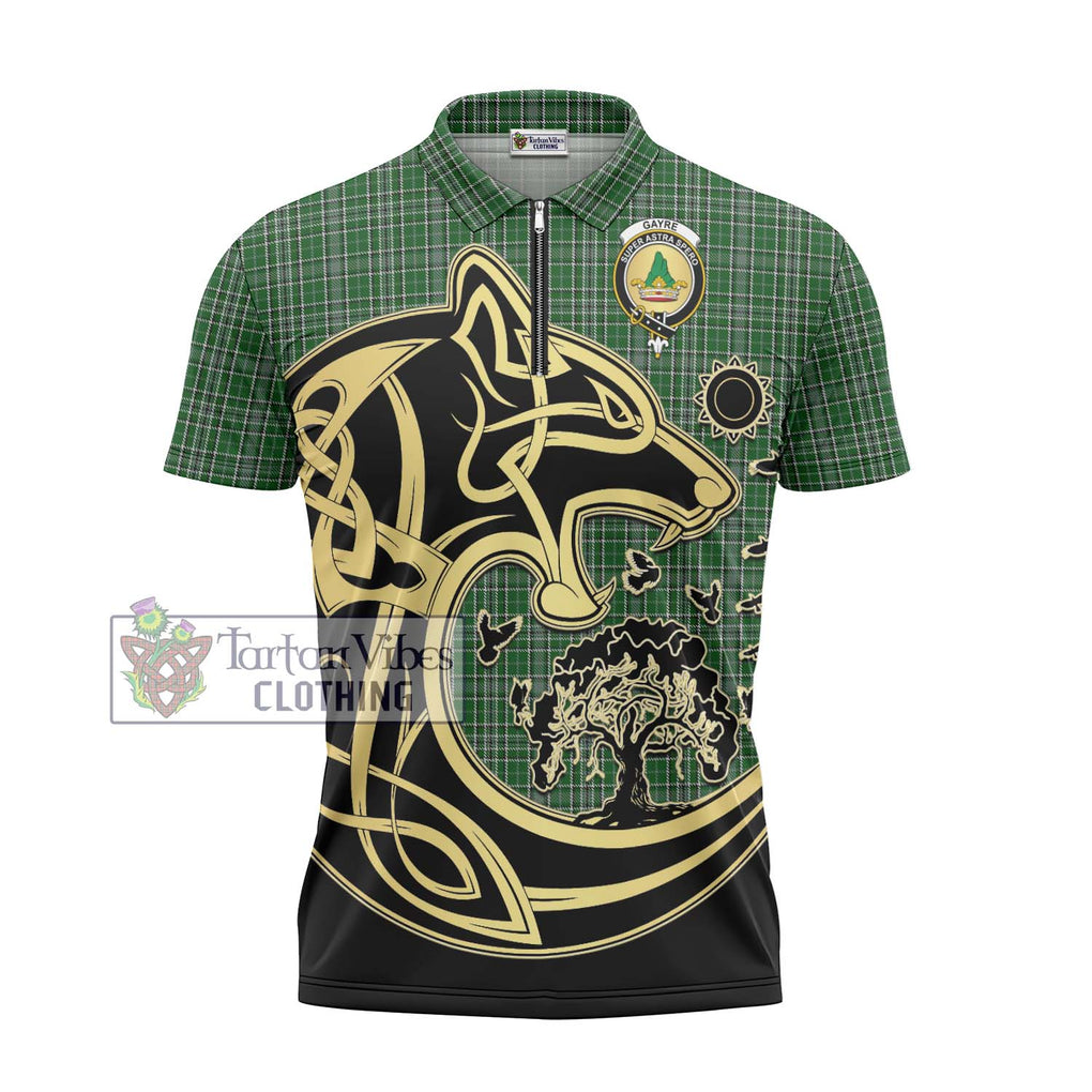 Gayre Dress Tartan Zipper Polo Shirt with Family Crest Celtic Wolf Style - Tartanvibesclothing Shop