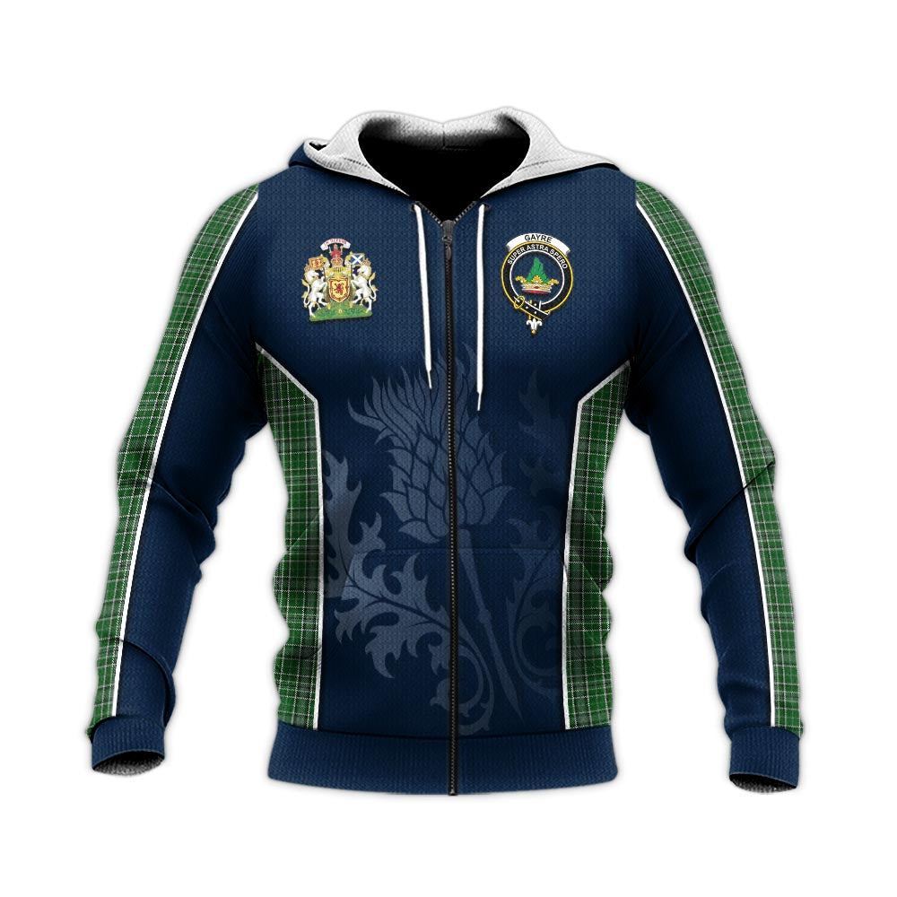 Tartan Vibes Clothing Gayre Dress Tartan Knitted Hoodie with Family Crest and Scottish Thistle Vibes Sport Style