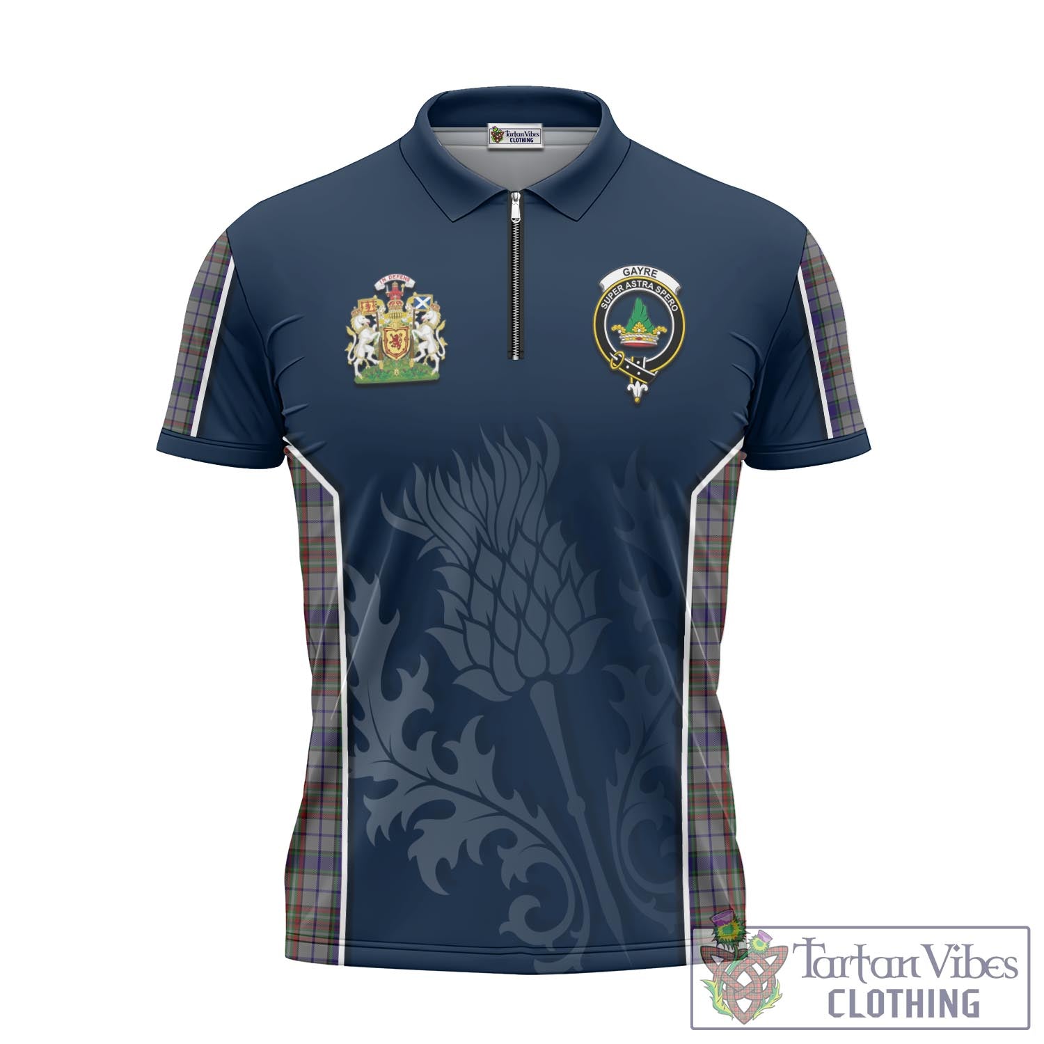 Tartan Vibes Clothing Gayre Hunting Tartan Zipper Polo Shirt with Family Crest and Scottish Thistle Vibes Sport Style