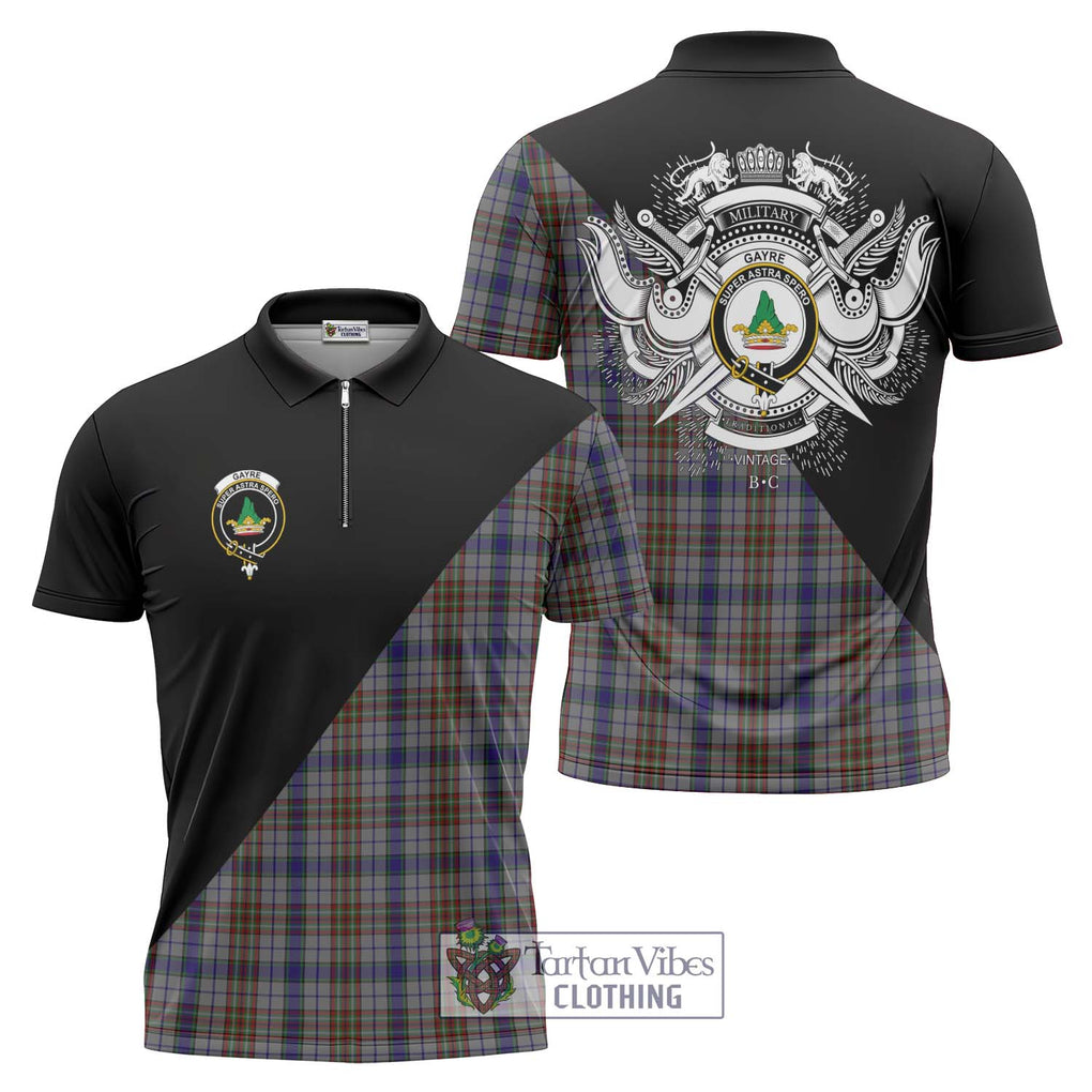 Gayre Hunting Tartan Zipper Polo Shirt with Family Crest and Military Logo Style Unisex - Tartanvibesclothing Shop