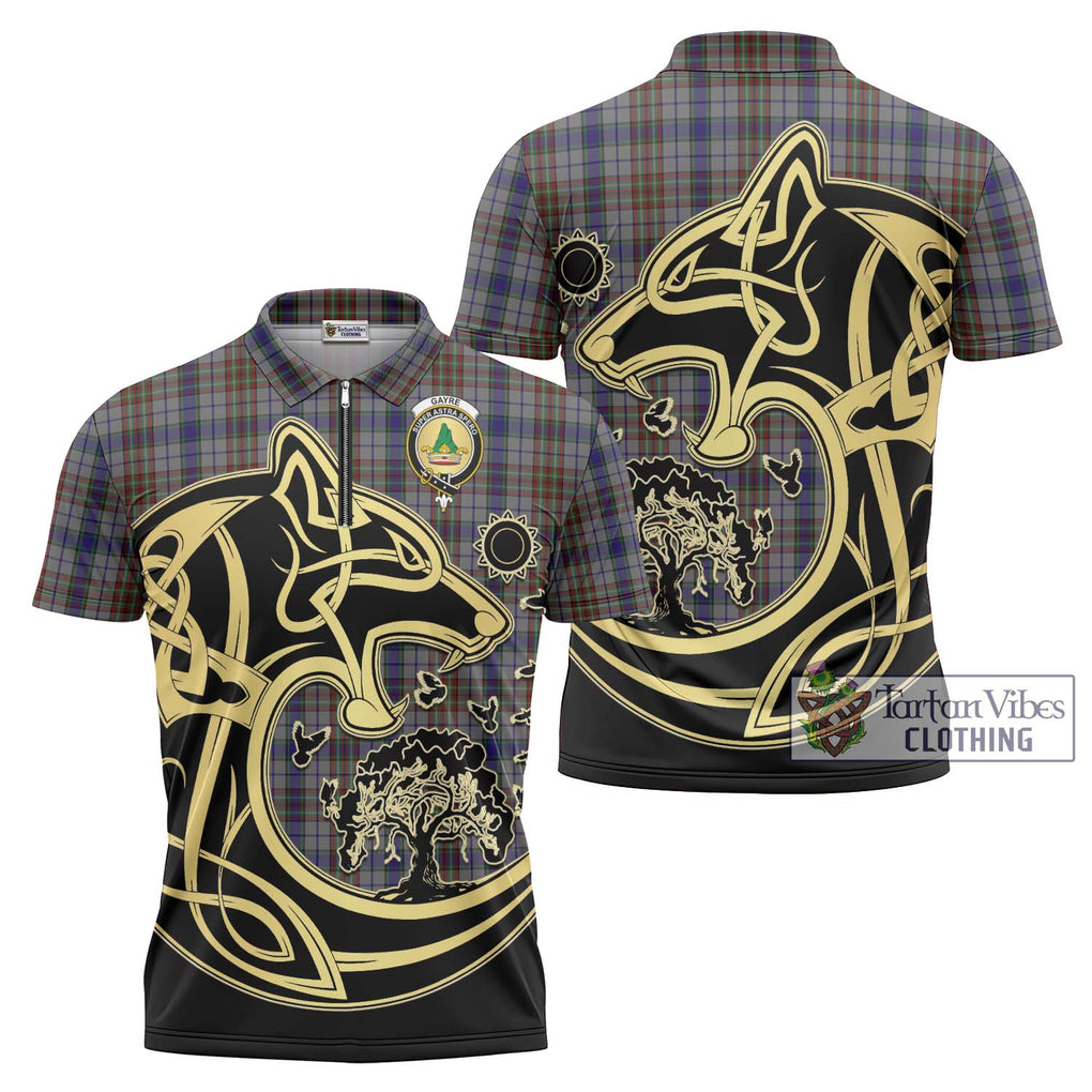 Gayre Hunting Tartan Zipper Polo Shirt with Family Crest Celtic Wolf Style Unisex - Tartanvibesclothing Shop