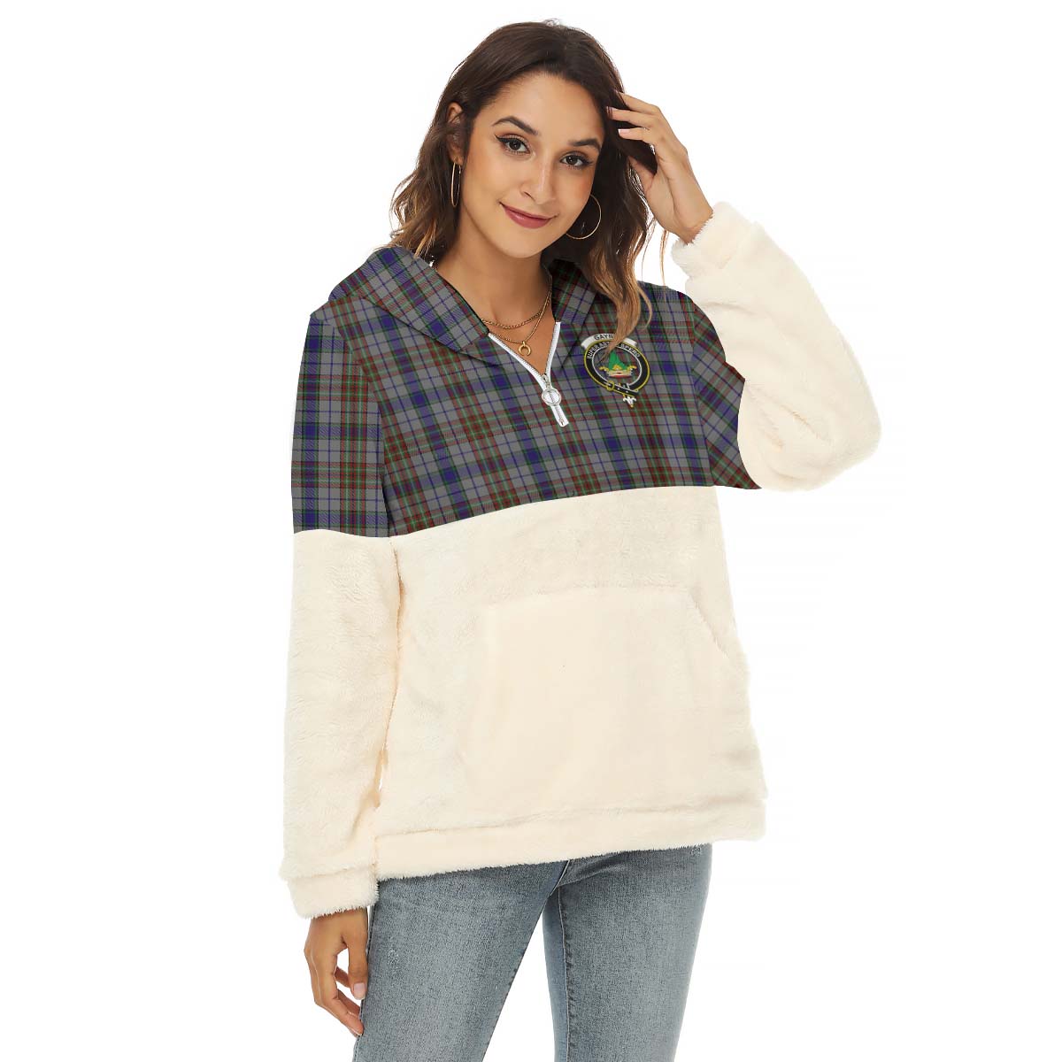 Gayre Hunting Tartan Women's Borg Fleece Hoodie With Half Zip with Family Crest Female - Tartan Vibes Clothing