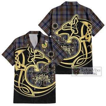 Gayre Hunting Tartan Short Sleeve Button Shirt with Family Crest Celtic Wolf Style