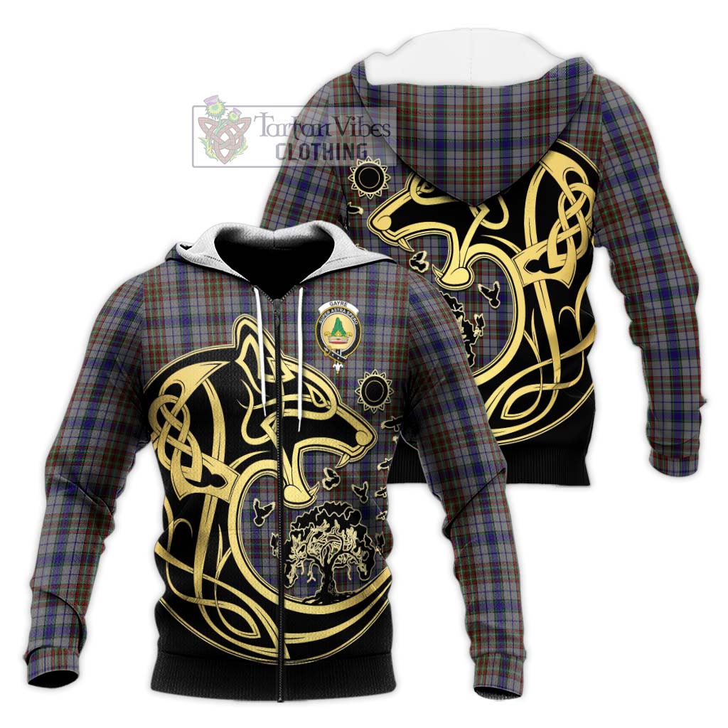 Tartan Vibes Clothing Gayre Hunting Tartan Knitted Hoodie with Family Crest Celtic Wolf Style