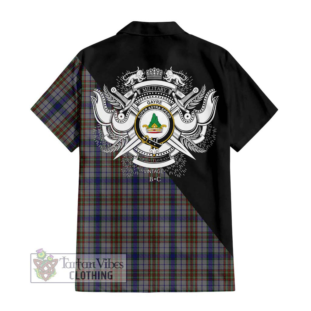 Gayre Hunting Tartan Short Sleeve Button Shirt with Family Crest and Military Logo Style - Tartanvibesclothing Shop