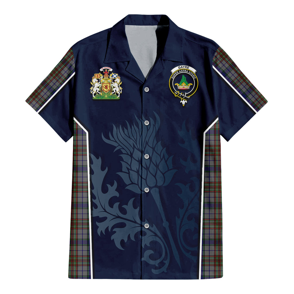 Tartan Vibes Clothing Gayre Hunting Tartan Short Sleeve Button Up Shirt with Family Crest and Scottish Thistle Vibes Sport Style