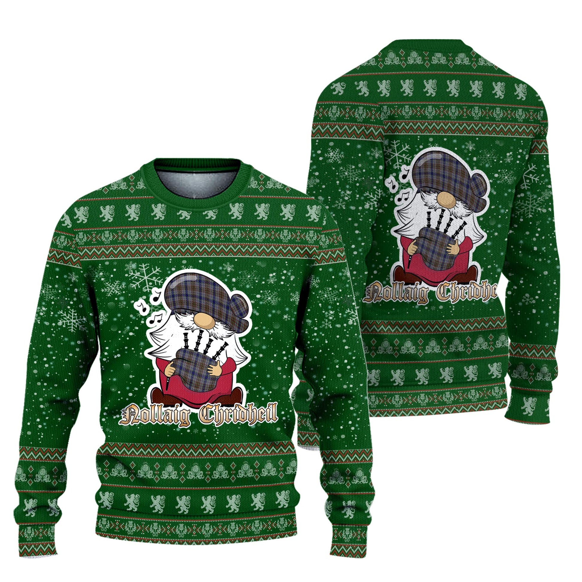 Gayre Hunting Clan Christmas Family Knitted Sweater with Funny Gnome Playing Bagpipes Unisex Green - Tartanvibesclothing