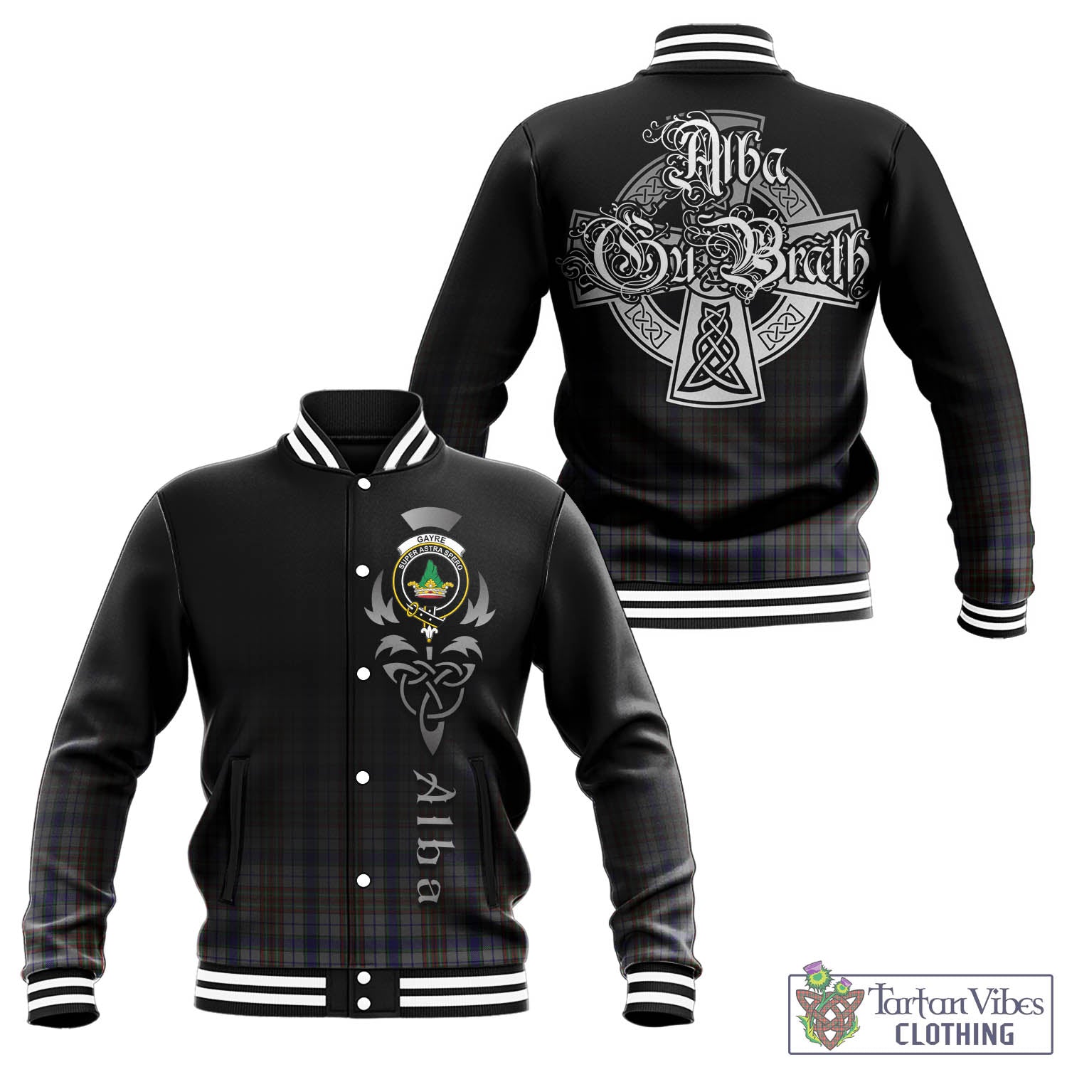 Tartan Vibes Clothing Gayre Hunting Tartan Baseball Jacket Featuring Alba Gu Brath Family Crest Celtic Inspired