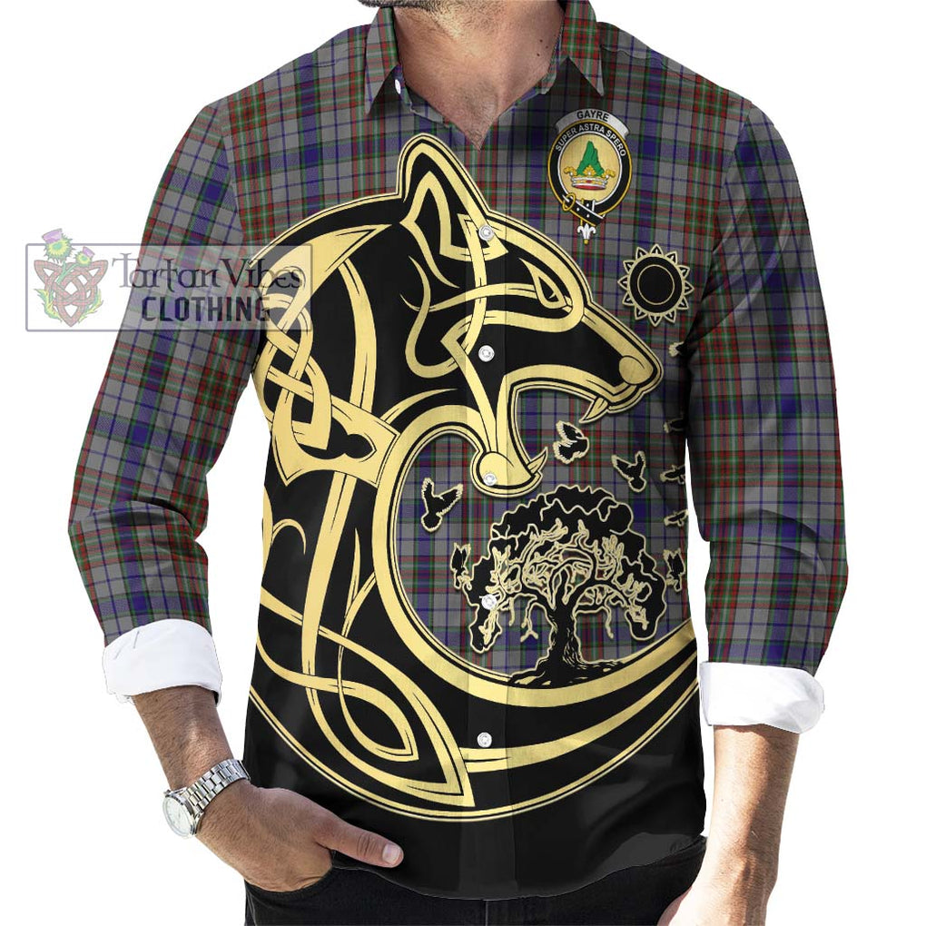 Gayre Hunting Tartan Long Sleeve Button Shirt with Family Crest Celtic Wolf Style - Tartan Vibes Clothing