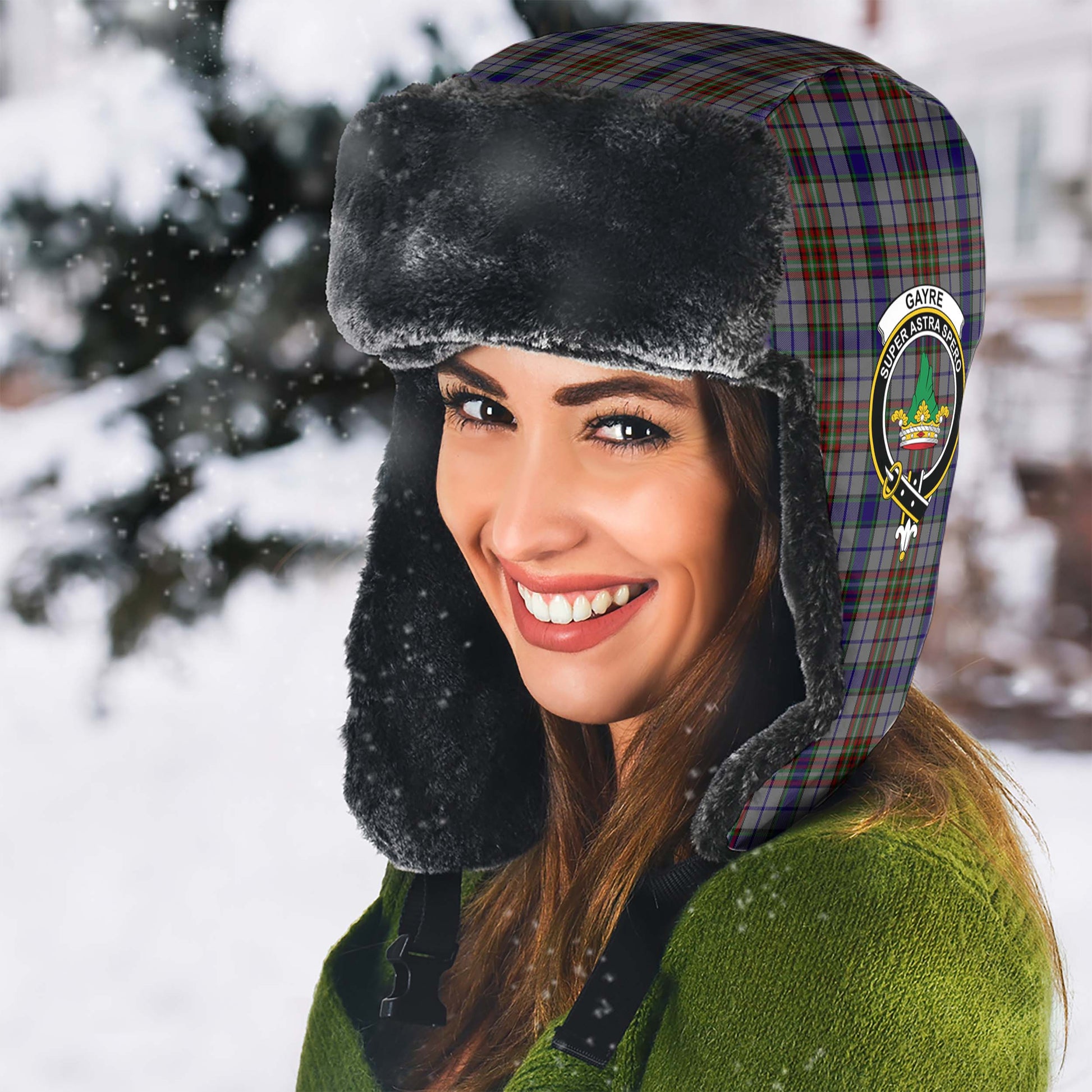 Gayre Hunting Tartan Winter Trapper Hat with Family Crest - Tartanvibesclothing