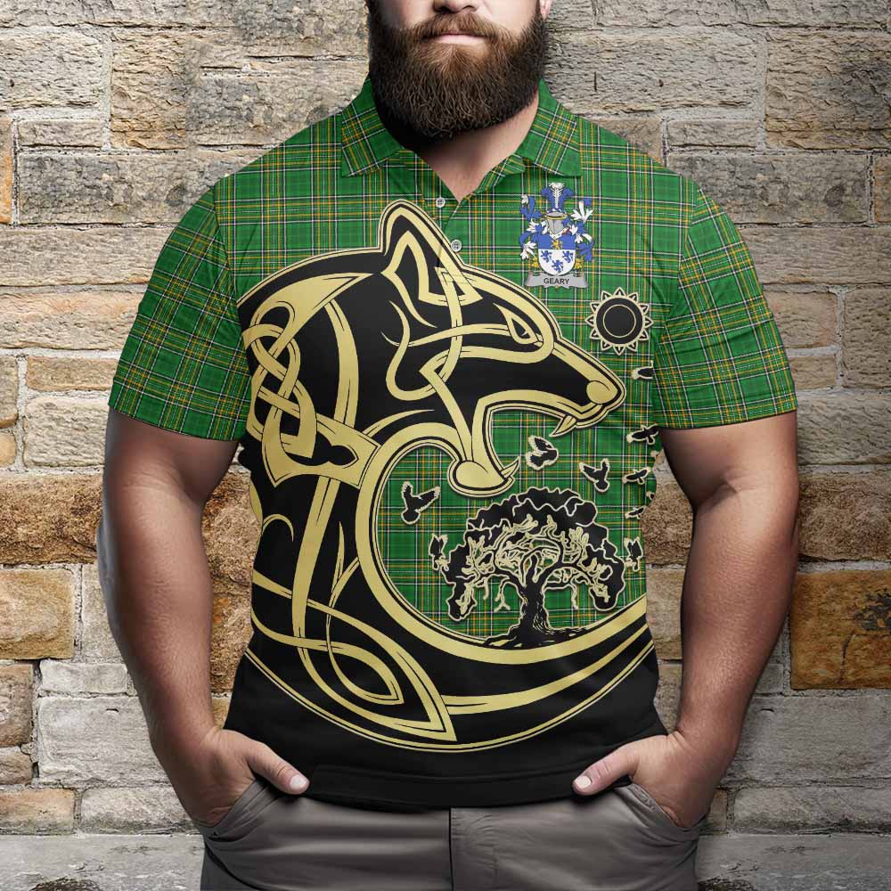 Geary Irish Tartan Polo Shirt with Coat of Arms Celtic Wolf Style - Tartan Vibes Clothing
