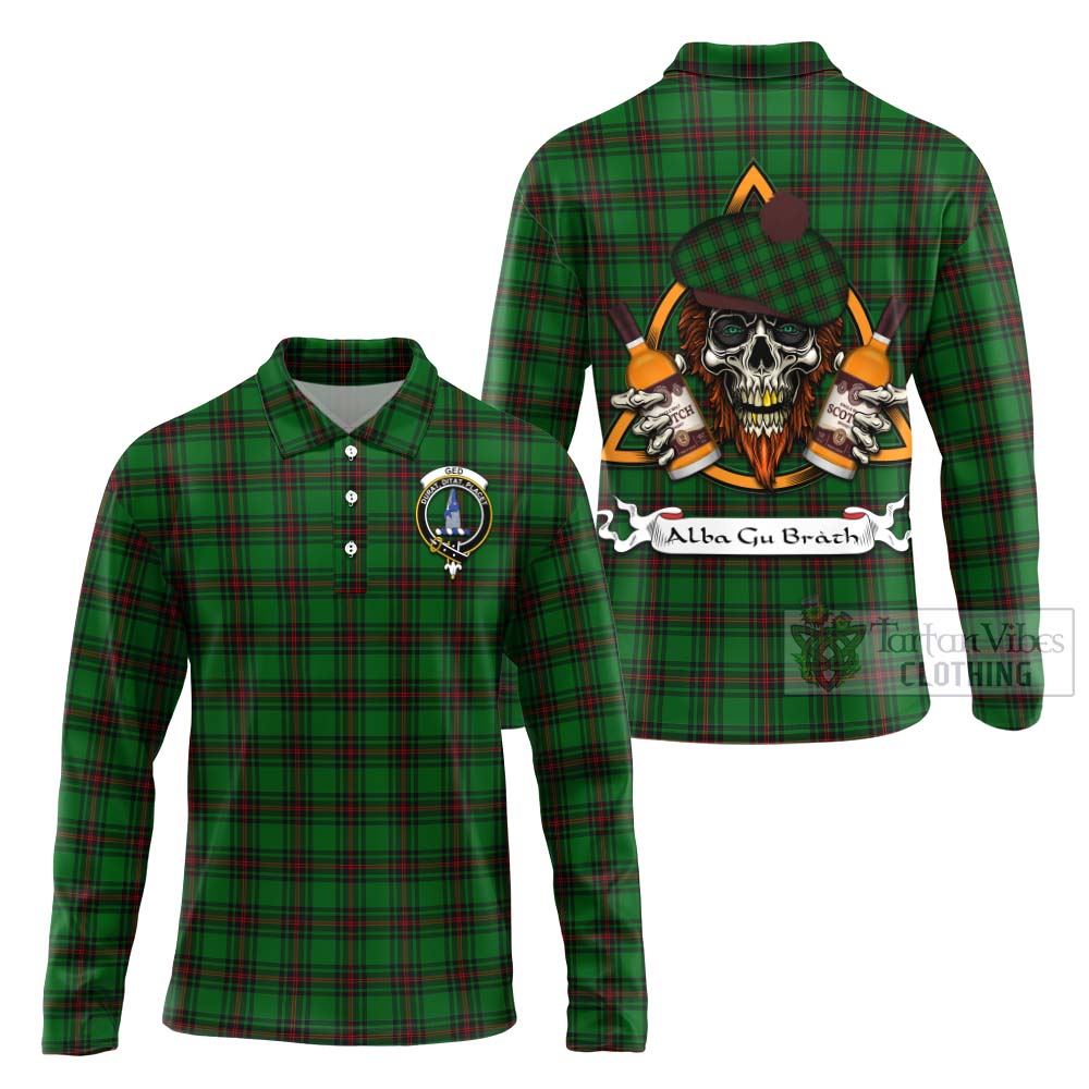 Tartan Vibes Clothing Ged Tartan Long Sleeve Polo Shirt with Family Crest and Bearded Skull Holding Bottles of Whiskey