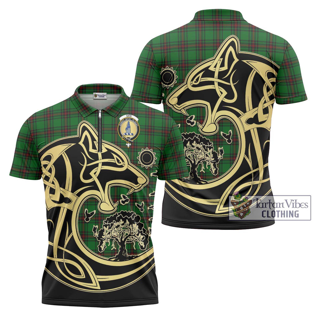 Ged Tartan Zipper Polo Shirt with Family Crest Celtic Wolf Style Unisex - Tartanvibesclothing Shop