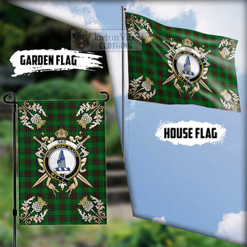 Ged Tartan Flag with Family Crest and Golden Thistle Crossed Sword Design