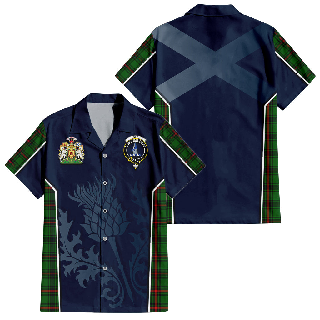 Tartan Vibes Clothing Ged Tartan Short Sleeve Button Up Shirt with Family Crest and Scottish Thistle Vibes Sport Style