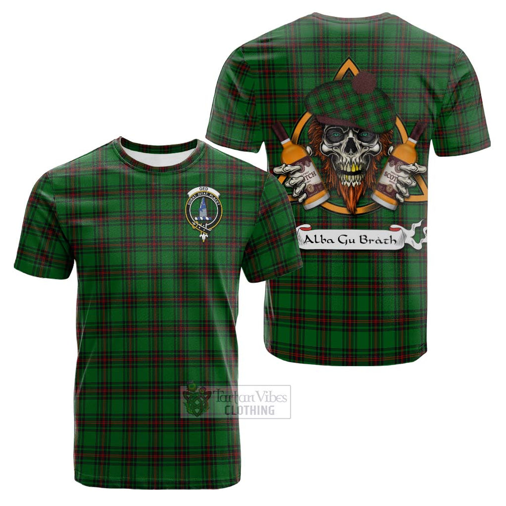 Tartan Vibes Clothing Ged Tartan Cotton T-shirt with Family Crest and Bearded Skull Holding Bottles of Whiskey