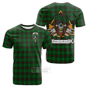 Ged Tartan Cotton T-shirt with Family Crest and Bearded Skull Holding Bottles of Whiskey