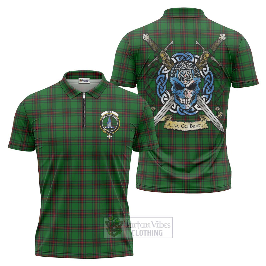 Tartan Vibes Clothing Ged Tartan Zipper Polo Shirt with Family Crest Celtic Skull Style