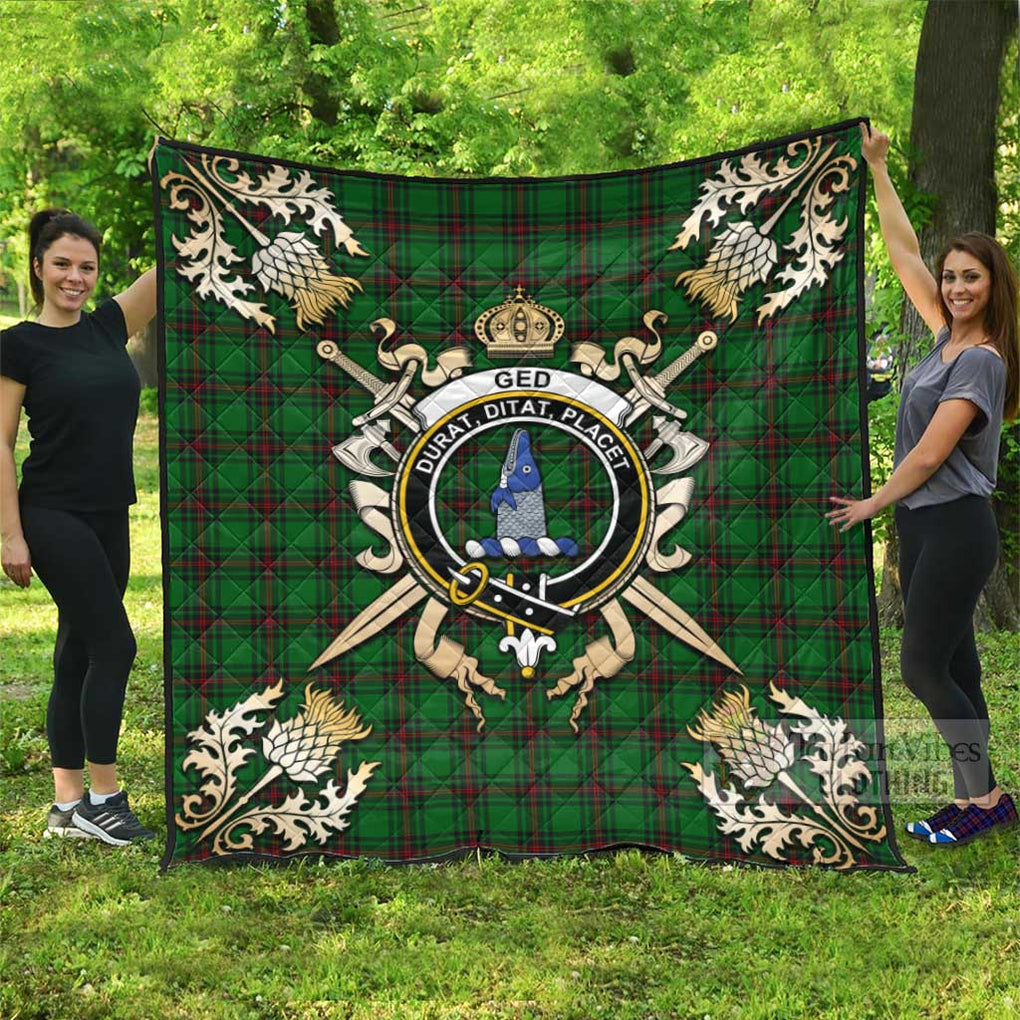 Tartan Vibes Clothing Ged Tartan Quilt with Family Crest and Scottish Golden Courage Shield