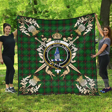 Ged Tartan Quilt with Family Crest and Golden Thistle Crossed Sword Design