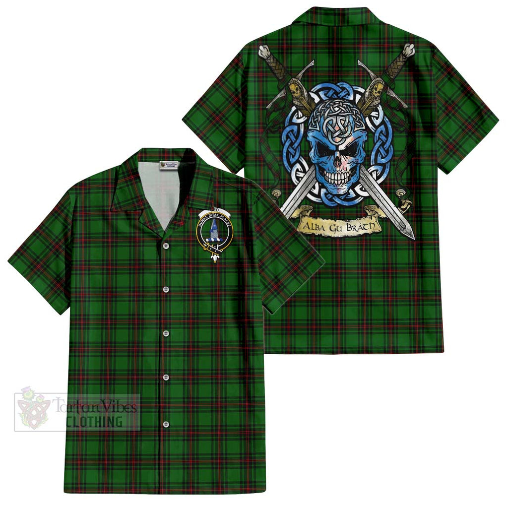 Tartan Vibes Clothing Ged Tartan Short Sleeve Button Shirt with Family Crest Celtic Skull Style