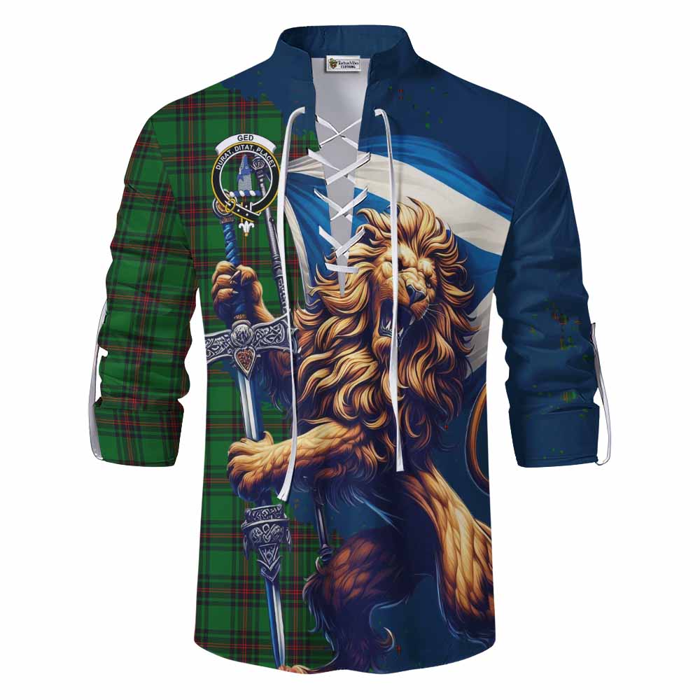 Tartan Vibes Clothing Ged Tartan Family Crest Ghillie Kilt Shirt with Scottish Majestic Lion