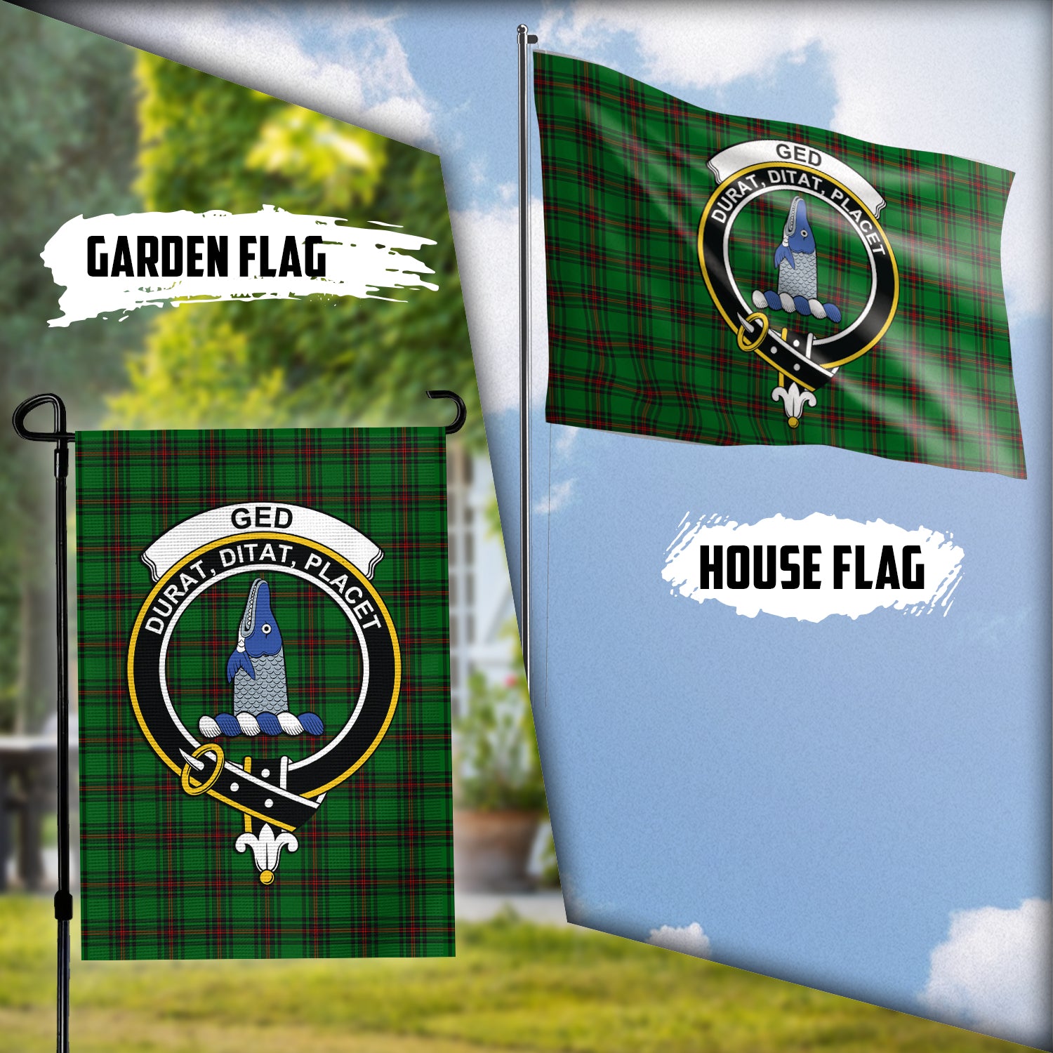 Ged Tartan Flag with Family Crest Garden Flag (Vertical) - Tartan Vibes Clothing