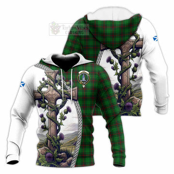 Ged Tartan Knitted Hoodie with Family Crest and St. Andrew's Cross Accented by Thistle Vines