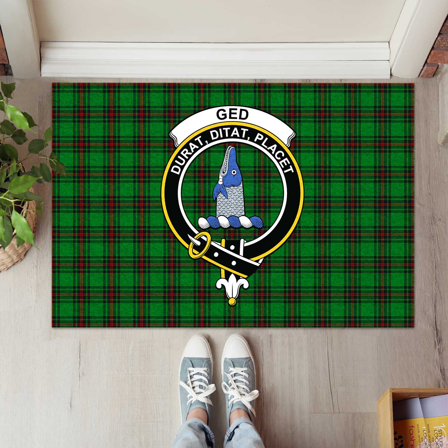 Ged Tartan Door Mat with Family Crest - Tartanvibesclothing