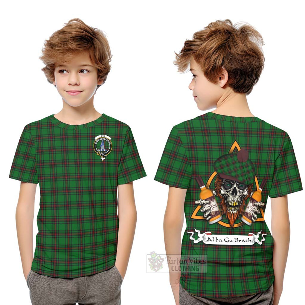 Tartan Vibes Clothing Ged Tartan Kid T-Shirt with Family Crest and Bearded Skull Holding Bottles of Whiskey