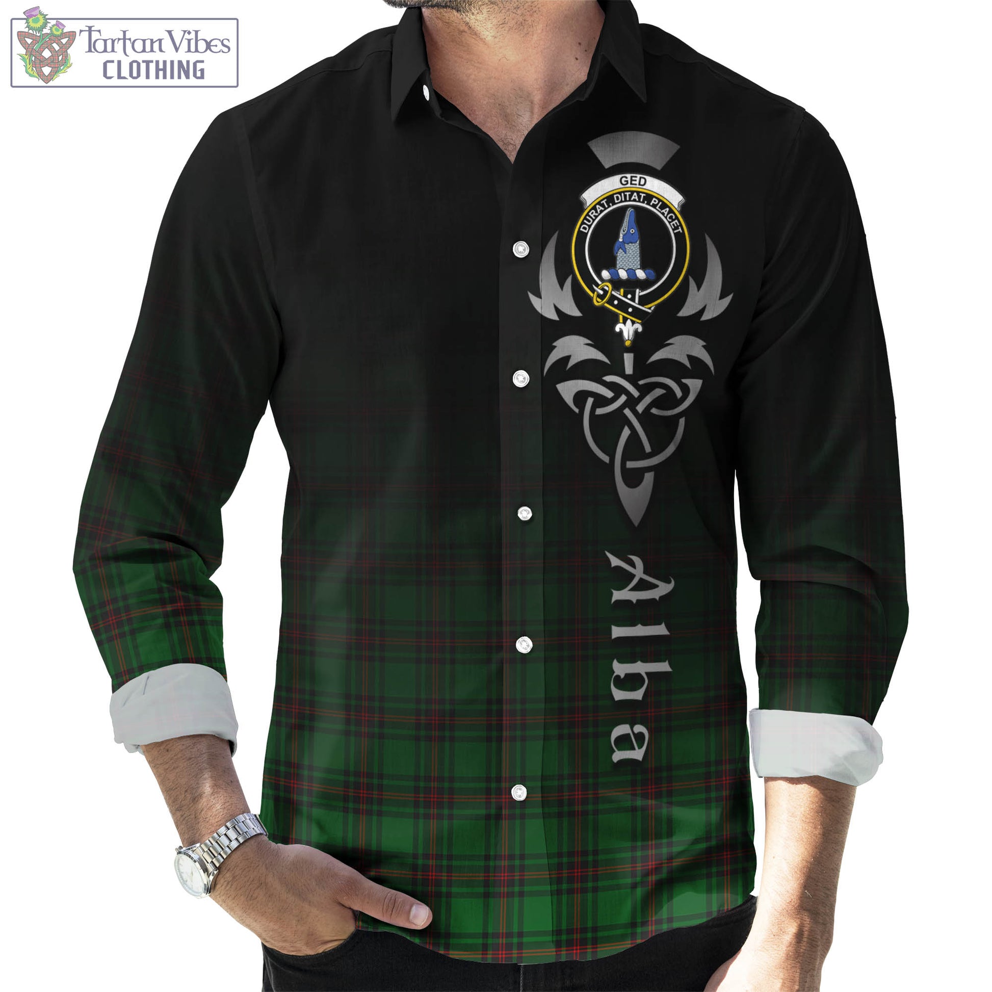 Tartan Vibes Clothing Ged Tartan Long Sleeve Button Up Featuring Alba Gu Brath Family Crest Celtic Inspired