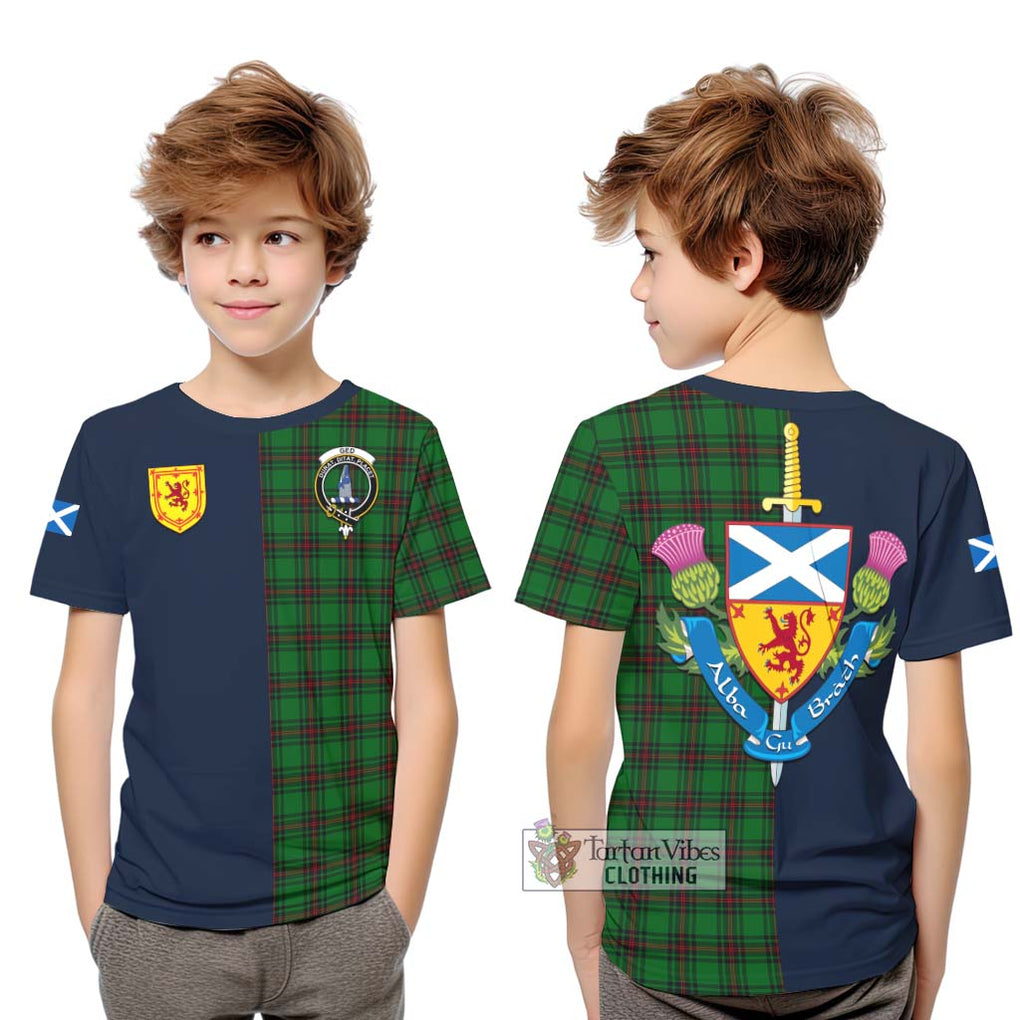 Tartan Vibes Clothing Ged Tartan Kid T-Shirt with Scottish Lion Royal Arm Half Style