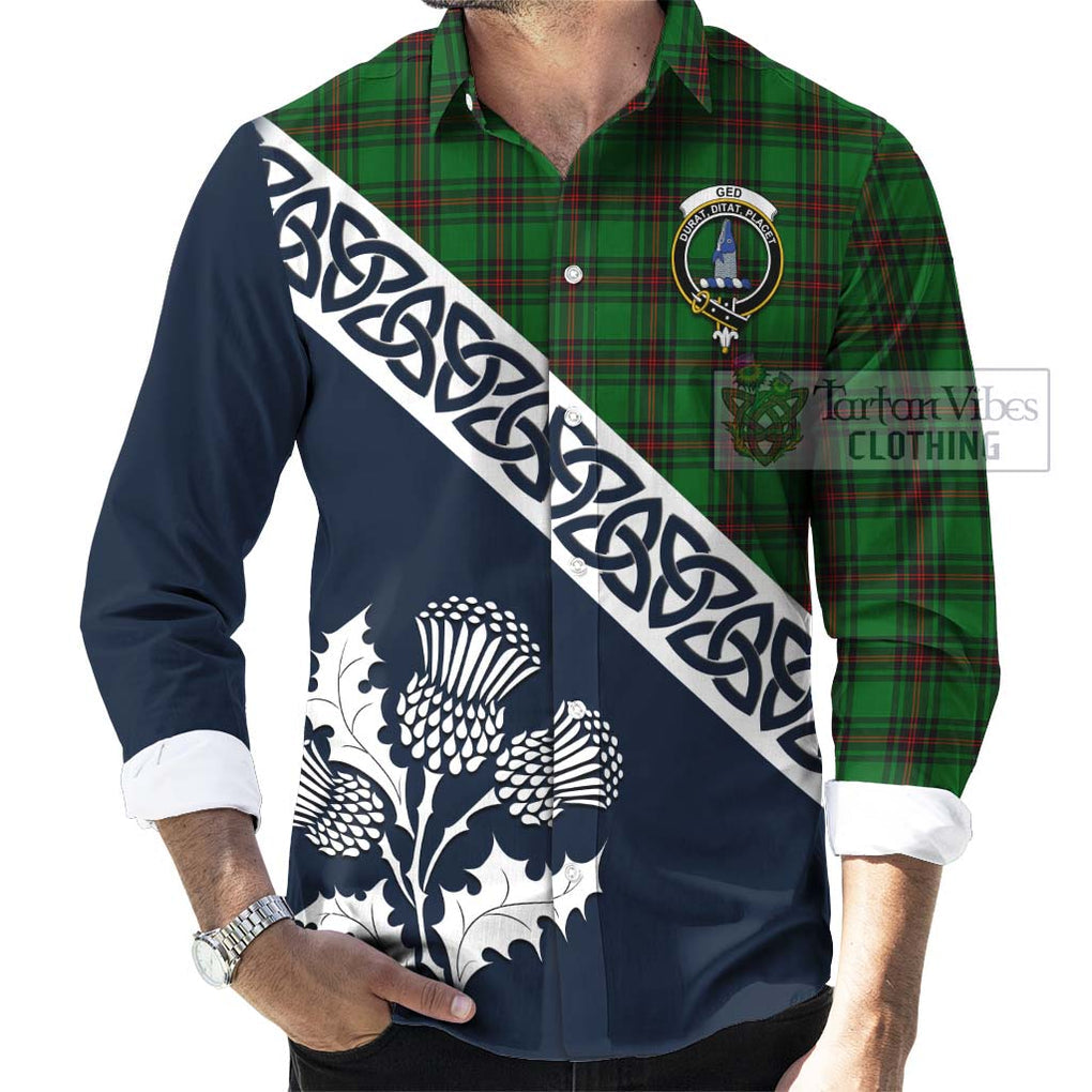 Tartan Vibes Clothing Ged Tartan Long Sleeve Button Shirt Featuring Thistle and Scotland Map