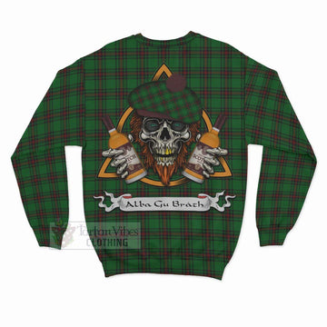 Ged Tartan Sweatshirt with Family Crest and Bearded Skull Holding Bottles of Whiskey