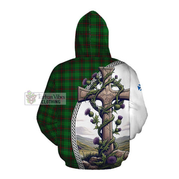 Ged Tartan Cotton Hoodie with Family Crest and St. Andrew's Cross Accented by Thistle Vines Pullover Hoodie - Tartan Vibes Clothing