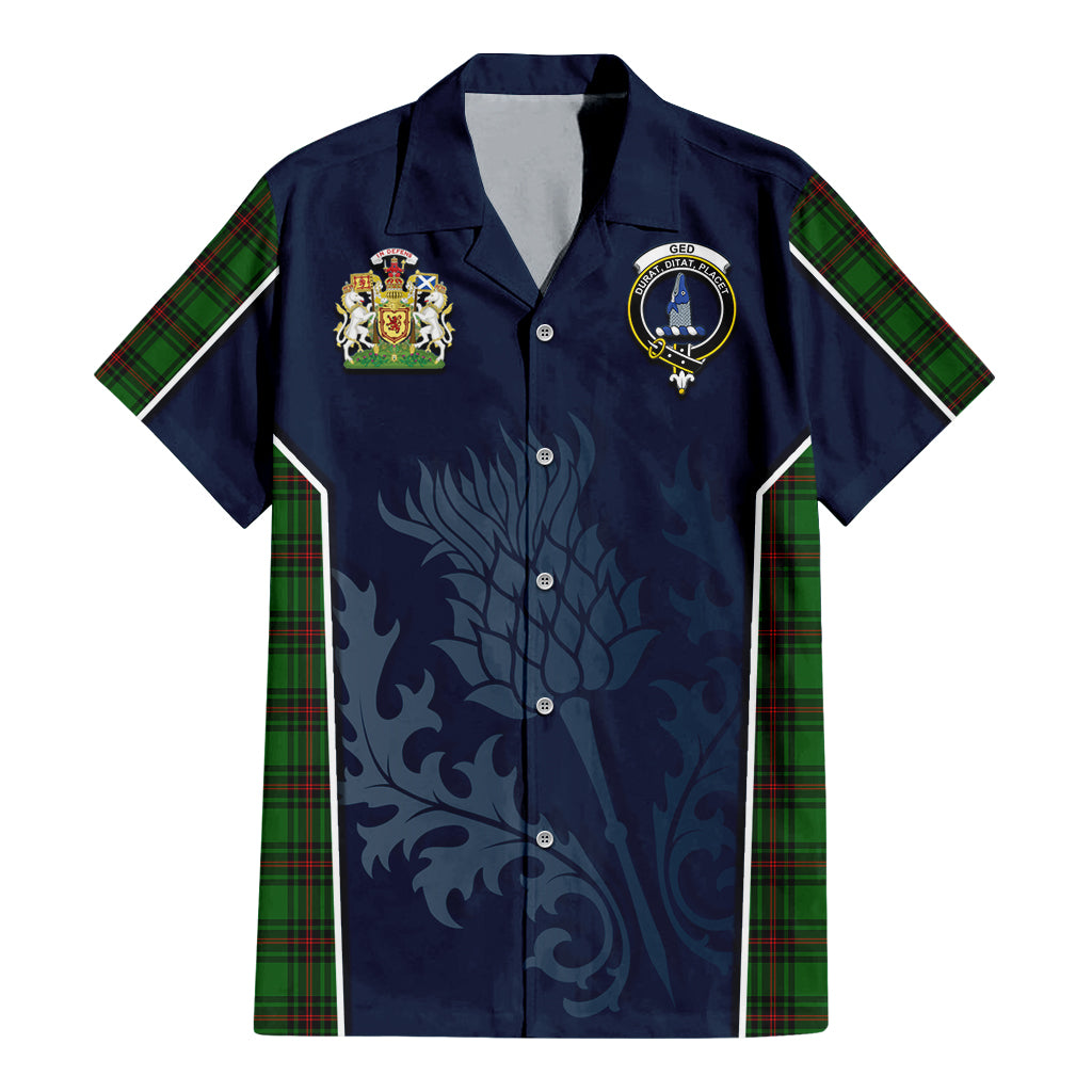 Tartan Vibes Clothing Ged Tartan Short Sleeve Button Up Shirt with Family Crest and Scottish Thistle Vibes Sport Style