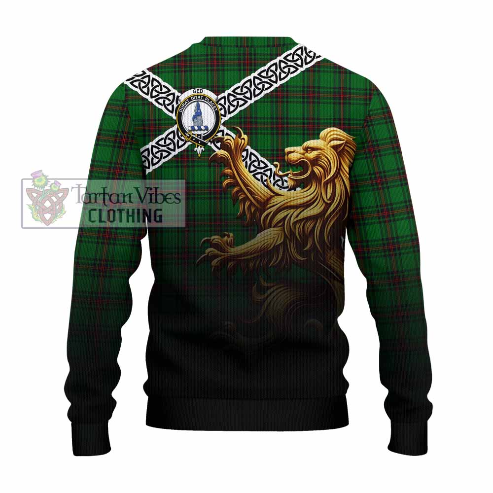 Ged Crest Tartan Knitted Sweater with Golden Lion Emblem Celtic Style - Tartan Vibes Clothing