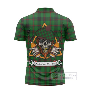 Ged Tartan Zipper Polo Shirt with Family Crest and Bearded Skull Holding Bottles of Whiskey