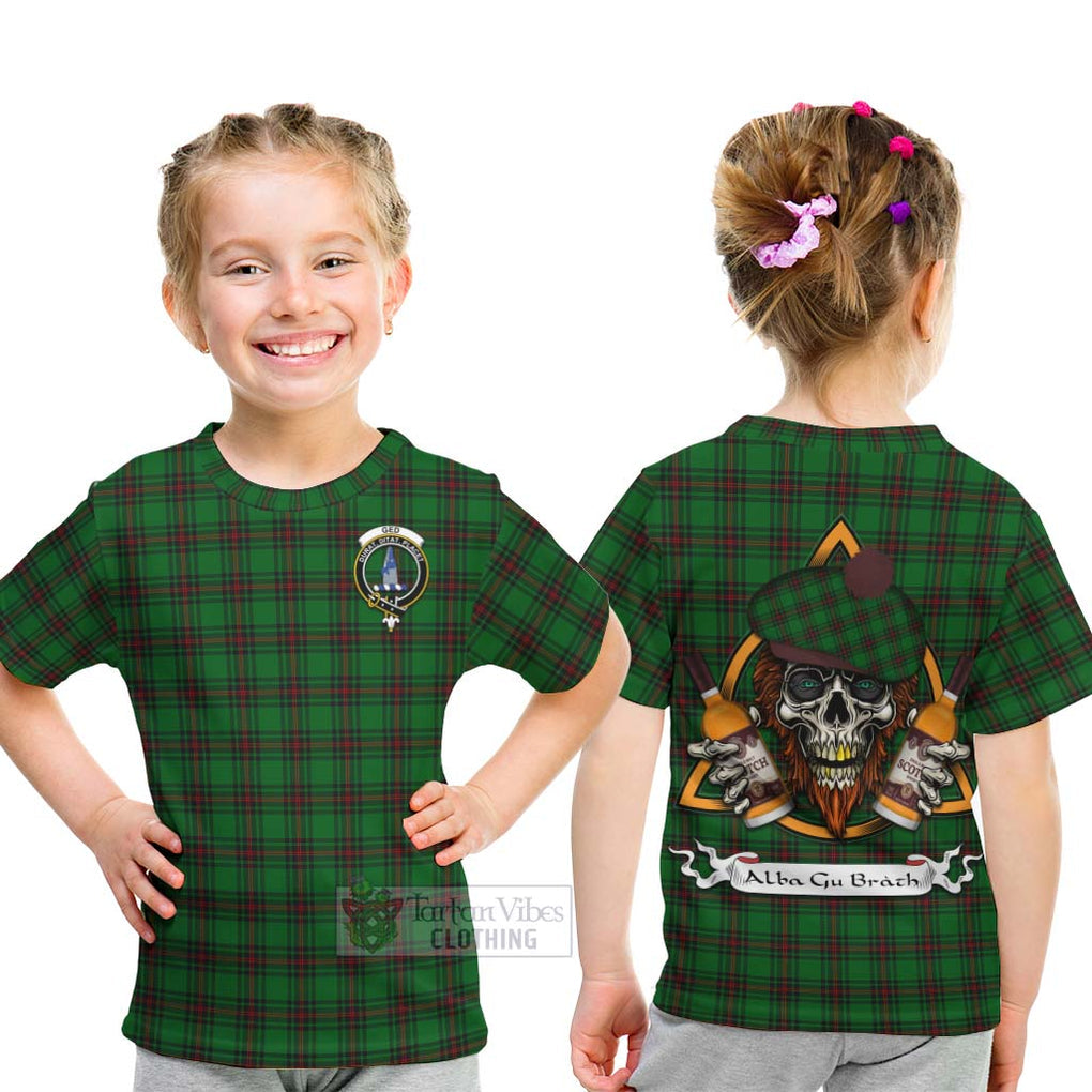 Tartan Vibes Clothing Ged Tartan Kid T-Shirt with Family Crest and Bearded Skull Holding Bottles of Whiskey