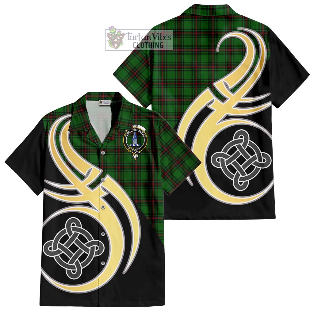 Ged Tartan Short Sleeve Button Shirt with Family Crest and Celtic Symbol Style - Tartan Vibes Clothing