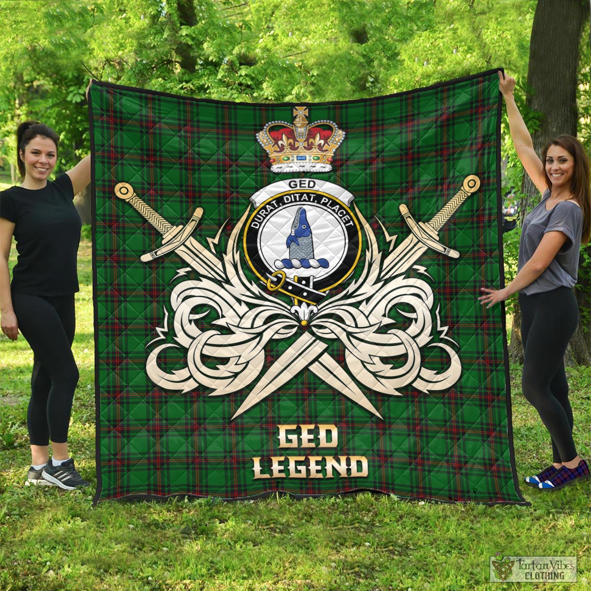 Tartan Vibes Clothing Ged Tartan Quilt with Clan Crest and the Golden Sword of Courageous Legacy