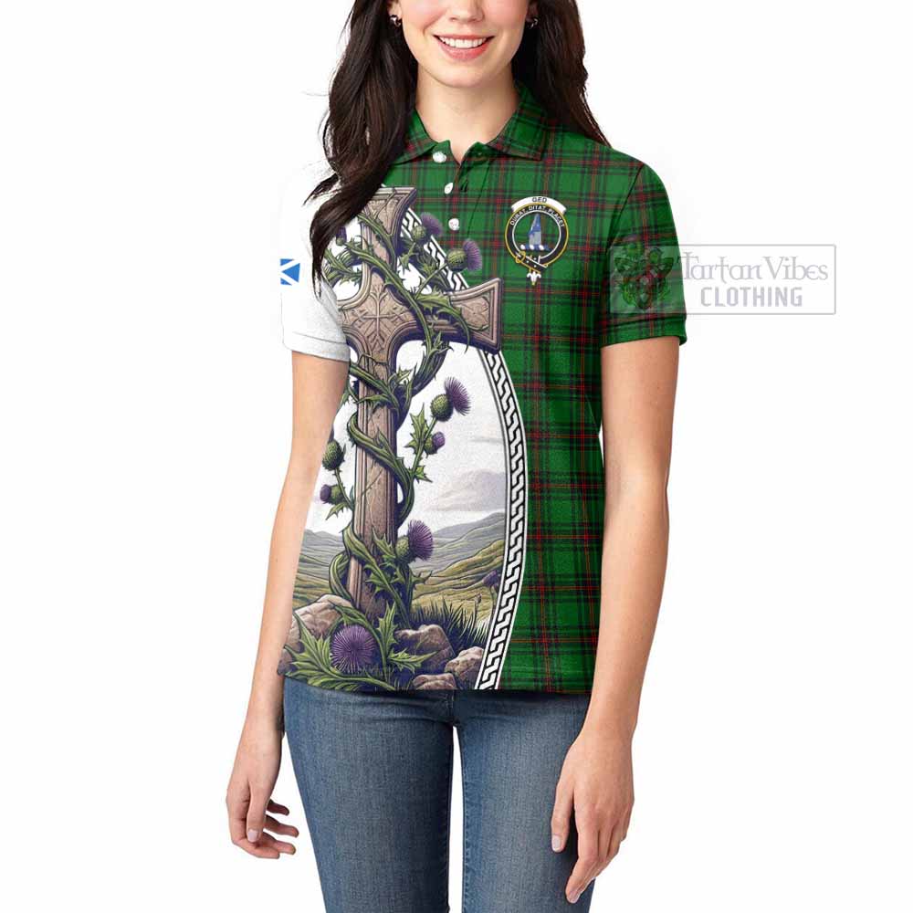 Tartan Vibes Clothing Ged Tartan Women's Polo Shirt with Family Crest and St. Andrew's Cross Accented by Thistle Vines