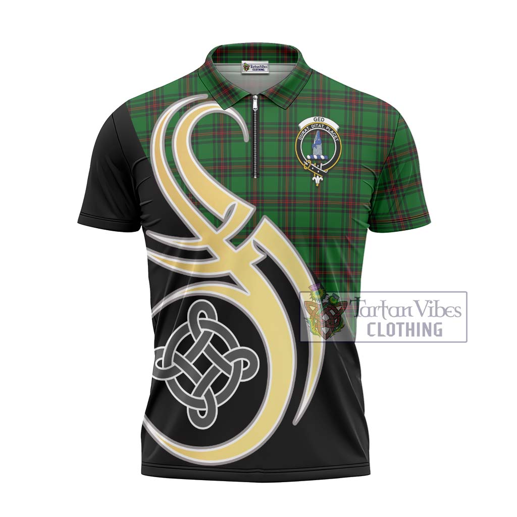 Tartan Vibes Clothing Ged Tartan Zipper Polo Shirt with Family Crest and Celtic Symbol Style