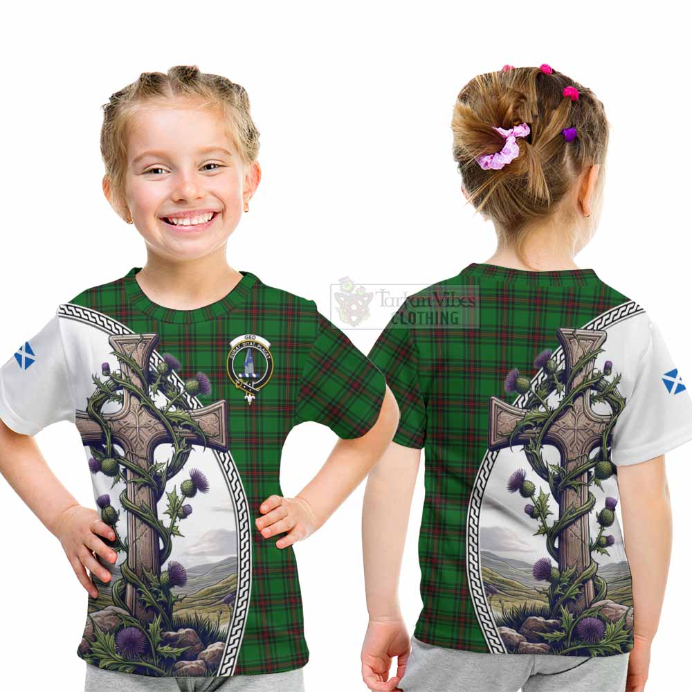 Tartan Vibes Clothing Ged Tartan Kid T-Shirt with Family Crest and St. Andrew's Cross Accented by Thistle Vines