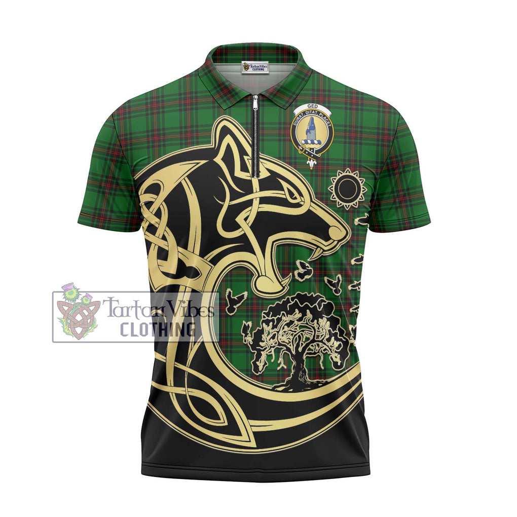 Ged Tartan Zipper Polo Shirt with Family Crest Celtic Wolf Style - Tartanvibesclothing Shop