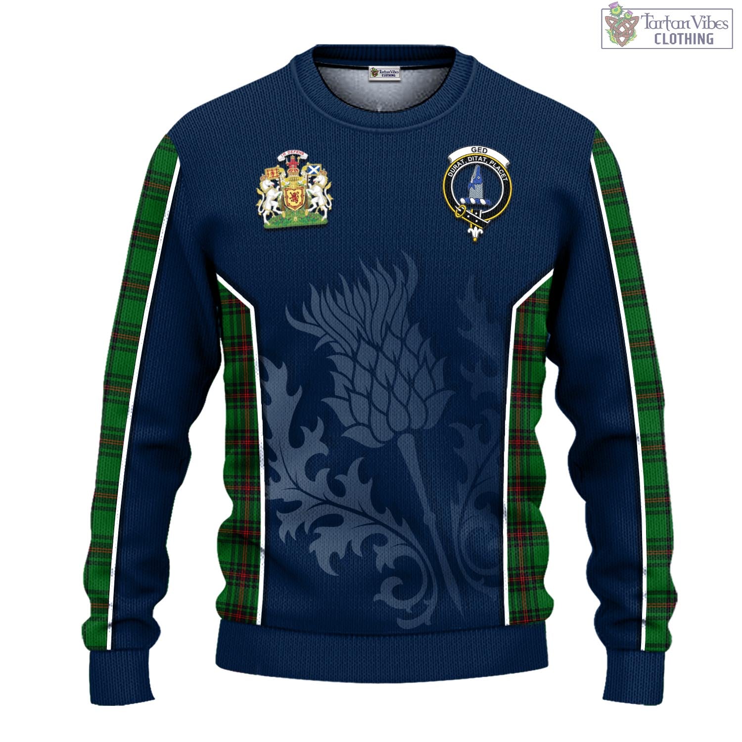 Tartan Vibes Clothing Ged Tartan Knitted Sweatshirt with Family Crest and Scottish Thistle Vibes Sport Style