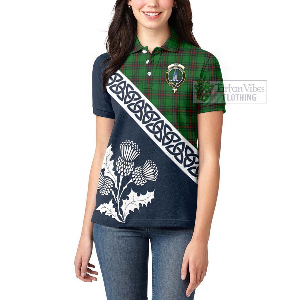 Ged Tartan Women's Polo Shirt Featuring Thistle and Scotland Map - Tartanvibesclothing Store