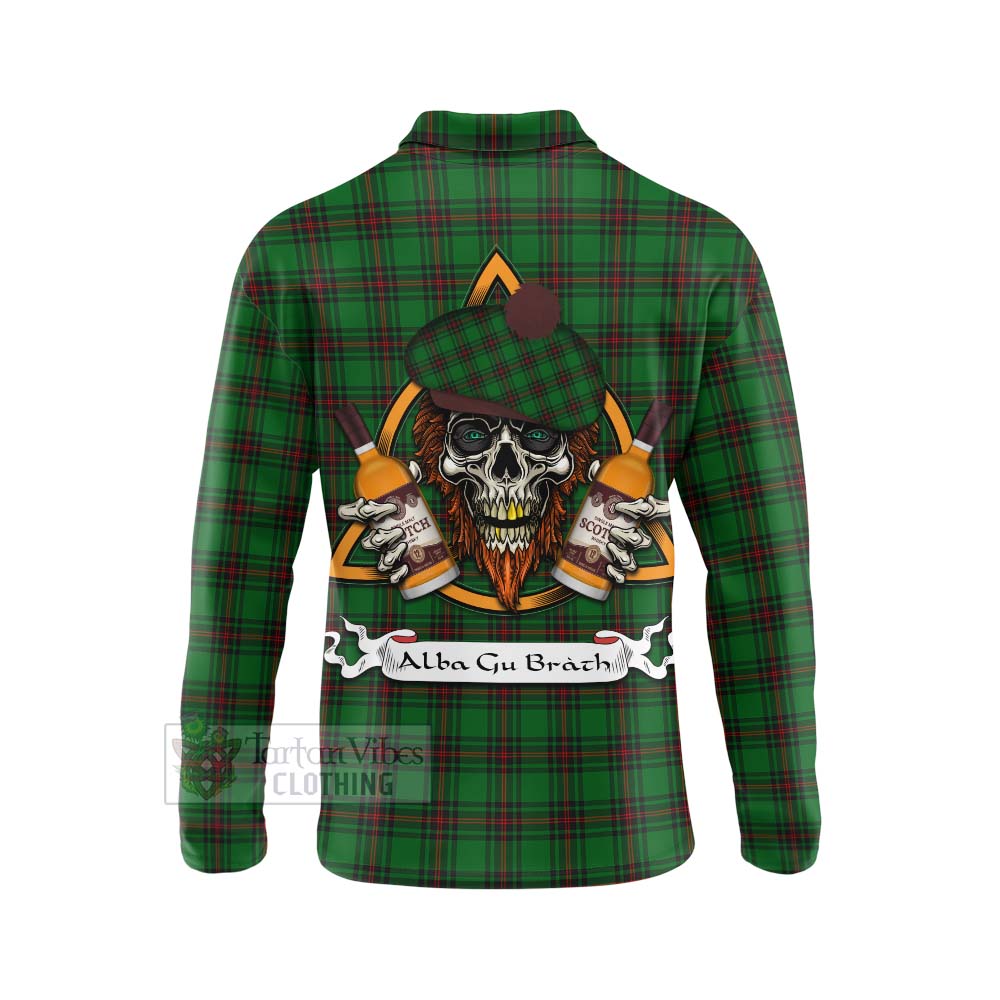 Tartan Vibes Clothing Ged Tartan Long Sleeve Polo Shirt with Family Crest and Bearded Skull Holding Bottles of Whiskey