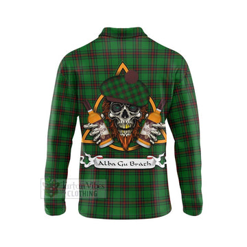 Ged Tartan Long Sleeve Polo Shirt with Family Crest and Bearded Skull Holding Bottles of Whiskey